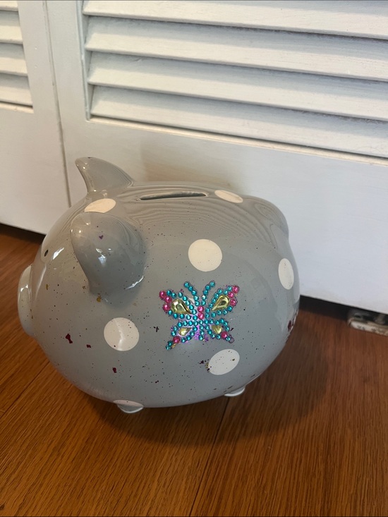 Vintage Piggy Bank Other - #2919**”7x8”Gray Polka Dot Piggy Bank with Rhinestone Butterfly